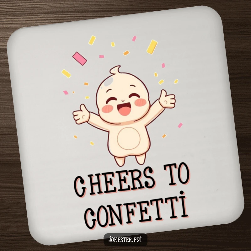 Funny drink coaster showcasing a happy character with arms outstretched, catching falling confetti, adding festive humor to table settings.