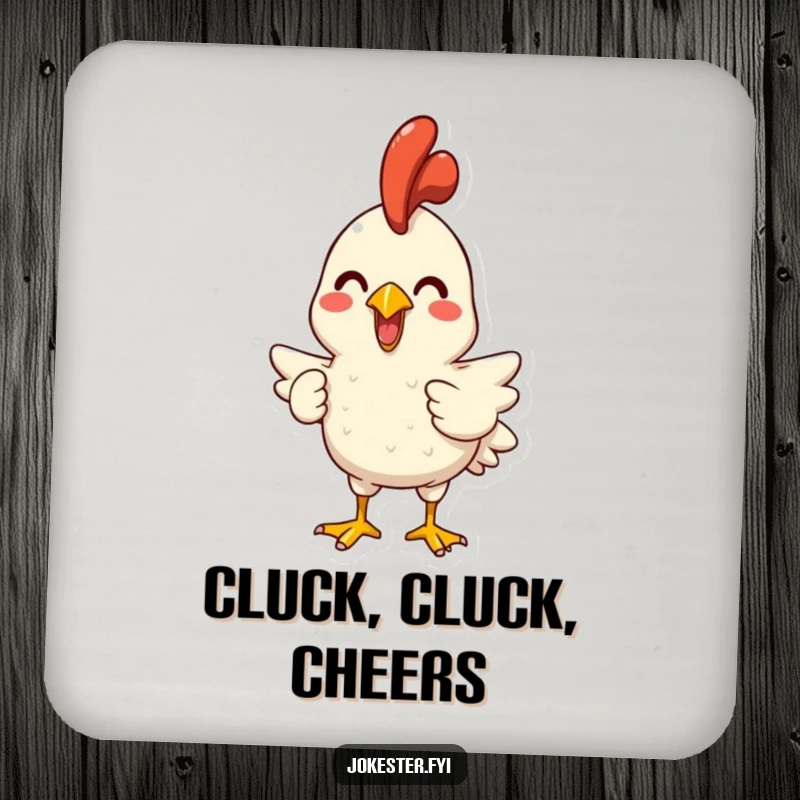Funny drink coaster showcasing a joyful character holding a rubber chicken, ready to squawk. Protects surfaces with humor.
