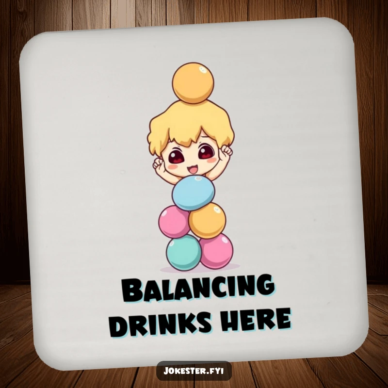 Funny mischievous character balancing a stack of colorful balls precariously, absorbent drink coaster, juggling art, table protection, unique funny gift.