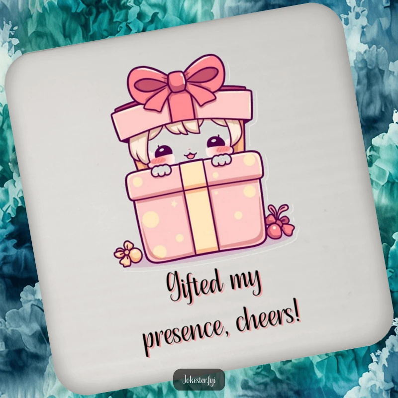 Funny Drink Coasters: A playful character humorously peeking from behind a colorful gift.