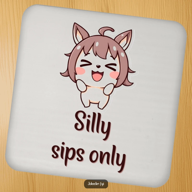 Funny joyful character making a silly face and crossing its eyes, absorbent drink coaster, goofy cartoon art, table protection, unique funny gift.