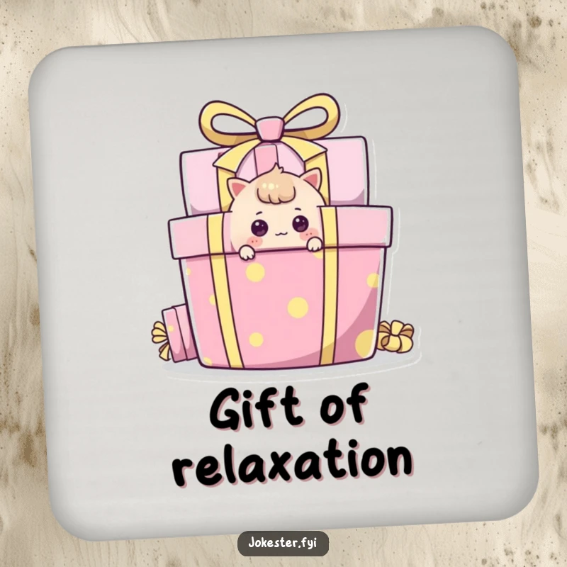 Funny Coaster featuring a curious character peeking around a gift box, adding intrigue and humor.