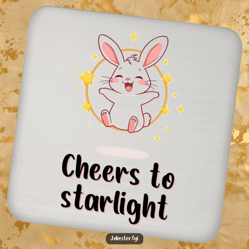 Funny drink coaster with a giggling rabbit jumping through a hoop of sparkling stars, great for tables.