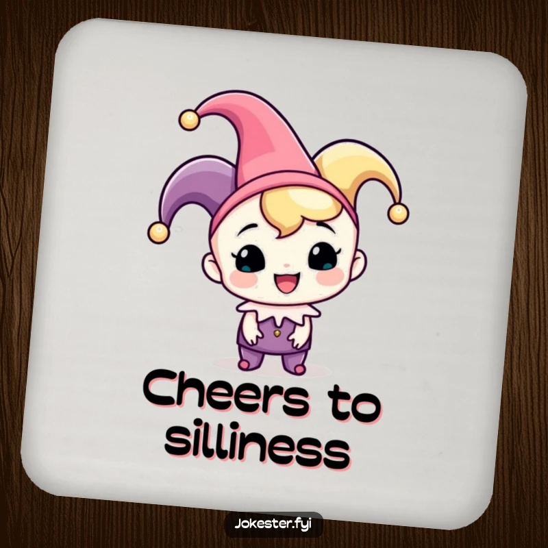 Funny jester drink coaster, a cheerful character wearing a jester hat playfully tipping it, protecting surfaces humorously.