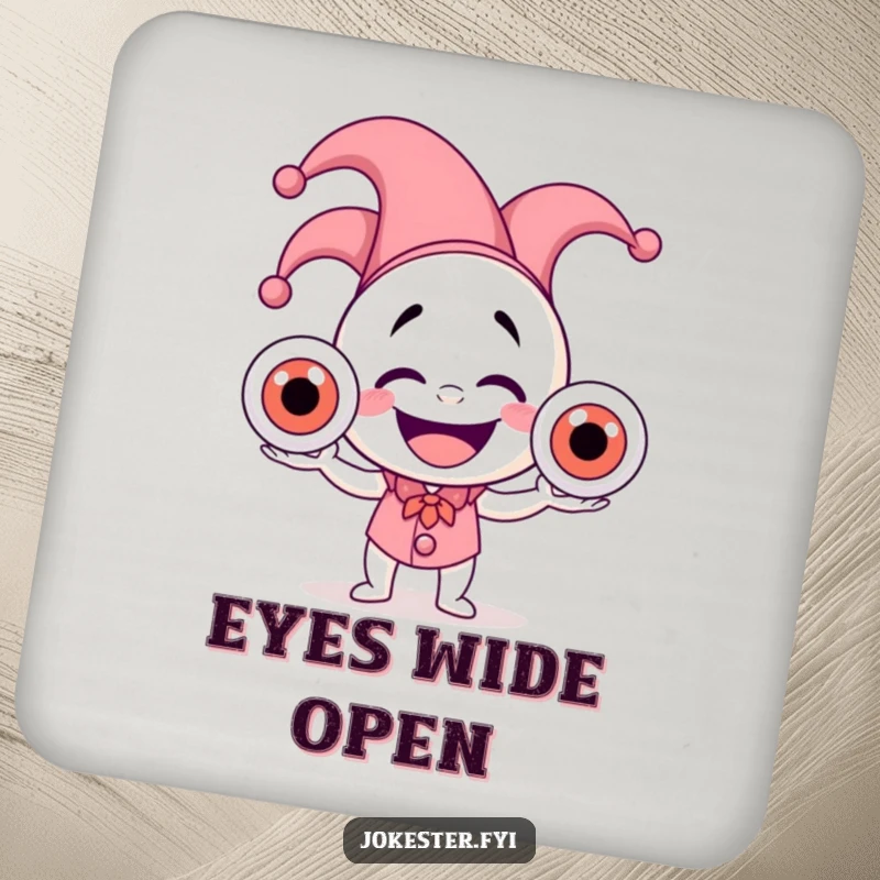 Funny drink coaster showing a laughing jester in a hat juggling three large, wobbly eyeballs, protecting furniture with humor.