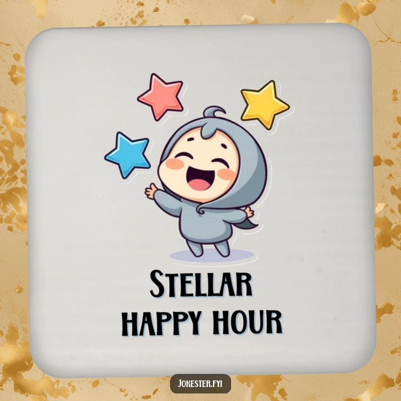 Funny juggling stars drink coaster, a giggling character delighting in tossing colorful stars. A humorous and protective accessory.