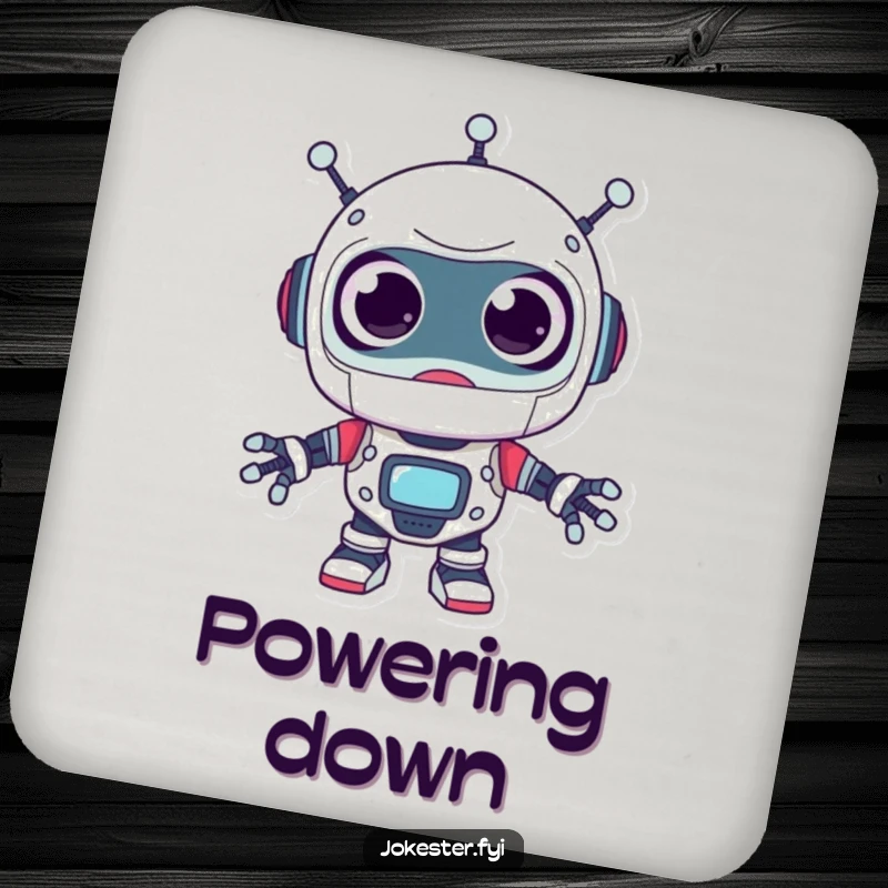 Funny robot coasters, a surprised character with oversized googly eyes, looking around playfully, protecting surfaces with humor.