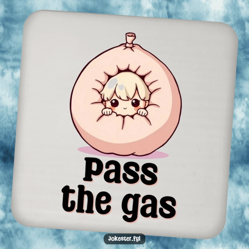 Funny curious character peeking from behind a giant whoopee cushion, absorbent drink coaster, prankster art, table protection, unique funny gift.