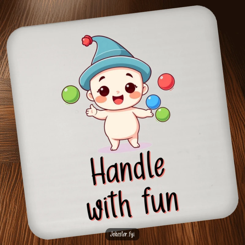 Funny juggling drink coaster with a cheerful character in a silly hat, juggling three colorful balls, adding a humorous touch to surfaces.
