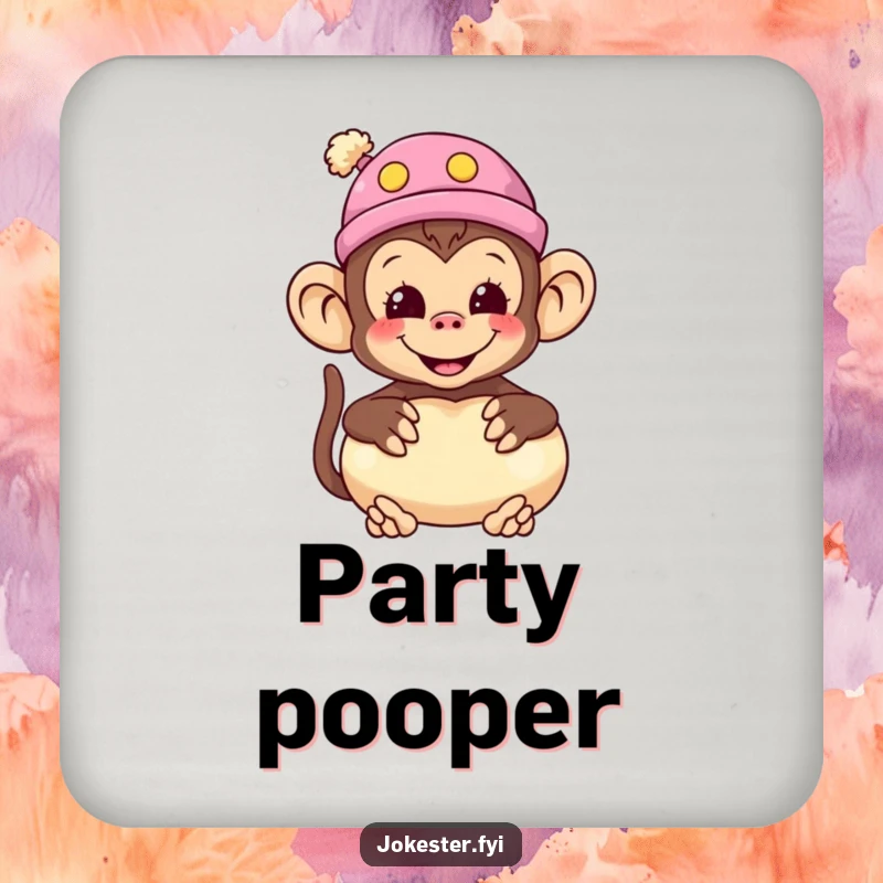 Funny monkey drink coaster featuring a smiling monkey wearing a silly hat and holding a whoopee cushion, great for tables.