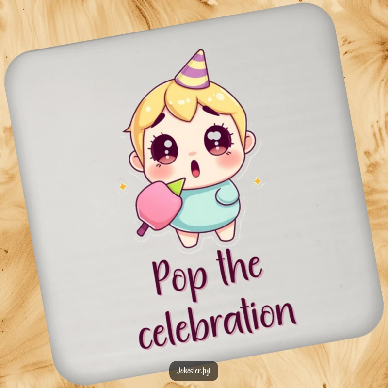 Funny surprised party popper drink coaster with a wide-eyed character holding a confetti-strewn party popper, adding a humorous touch.
