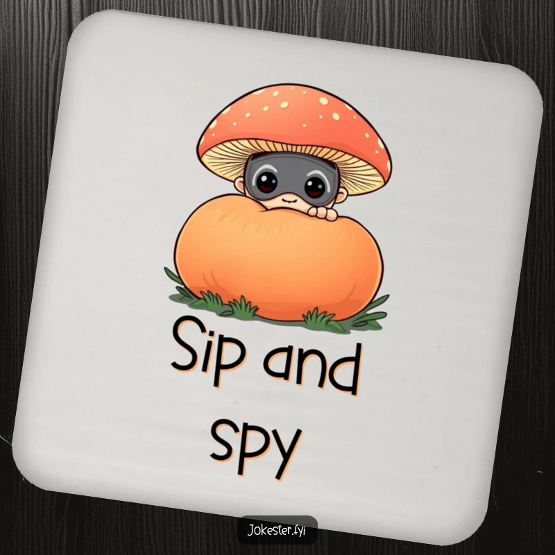 Funny drink coaster with a curious character in a funny mask, peeking from behind a colorful puffball mushroom. Protects surfaces with charm.