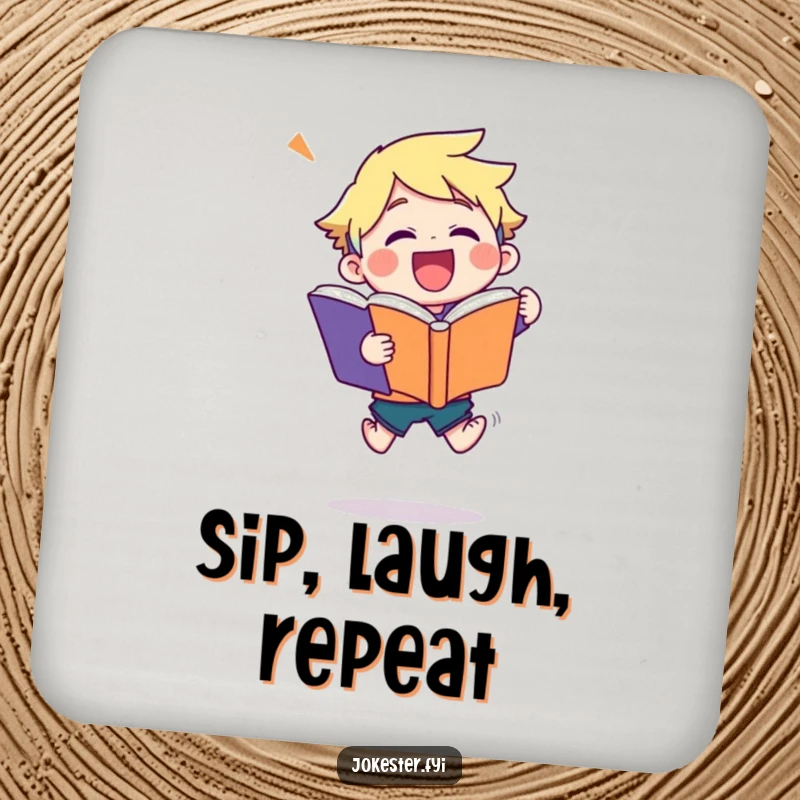Funny joke book drink coaster depicting a character in a joyful leap, holding a large joke book, adding a humorous touch to surfaces.