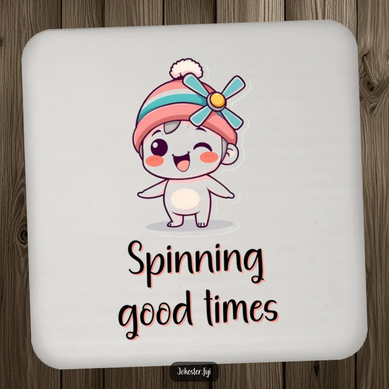 Funny Drink Coasters featuring a silly character in a propeller beanie spinning with glee, adding a whimsical touch to your drink setup.