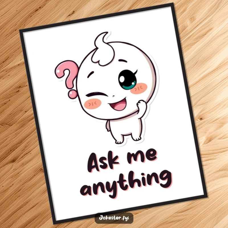 Funny poster artwork of a smiling character with a sly look, playfully tickling a large, floating question mark.