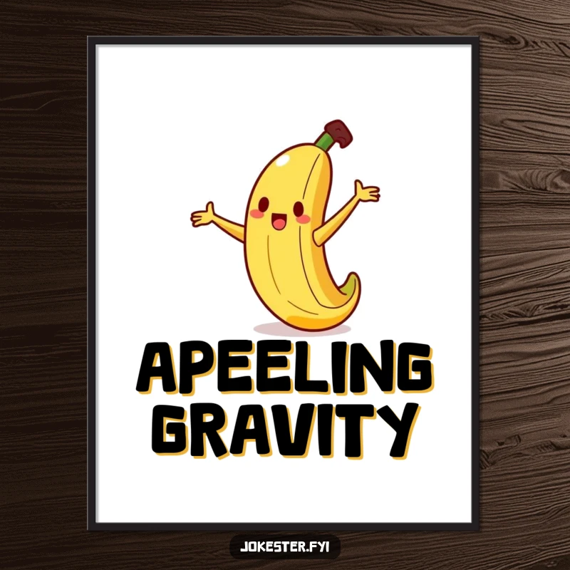 Funny banana poster print featuring a silly banana character in mid-slip on a tiny peel, arms flailing comically, pure visual humor.