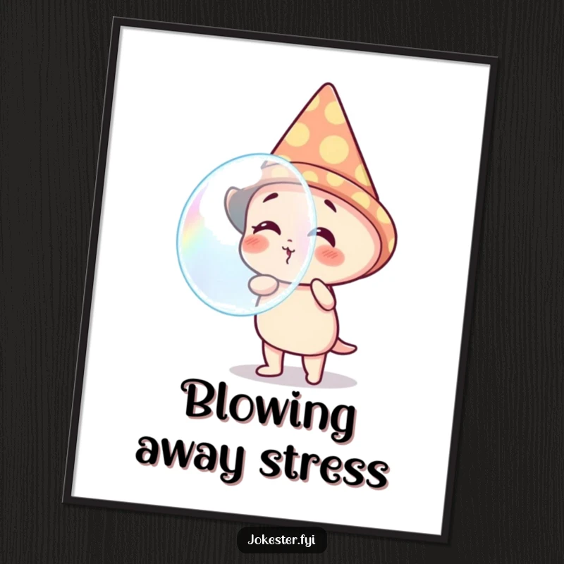 Funny poster illustrating a gleefully giggling character in a cone hat, mid-blow with a colossal, rainbow-colored bubble. Whimsical and amusing.