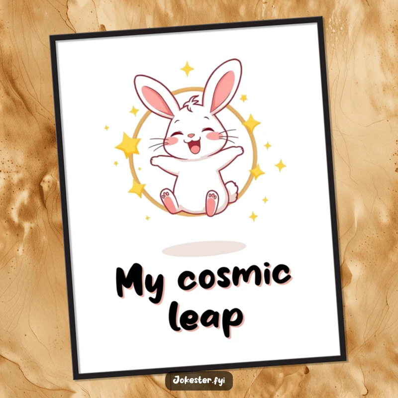 Funny poster featuring a giggling rabbit joyfully jumping through a hoop of sparkling stars, perfect for walls.