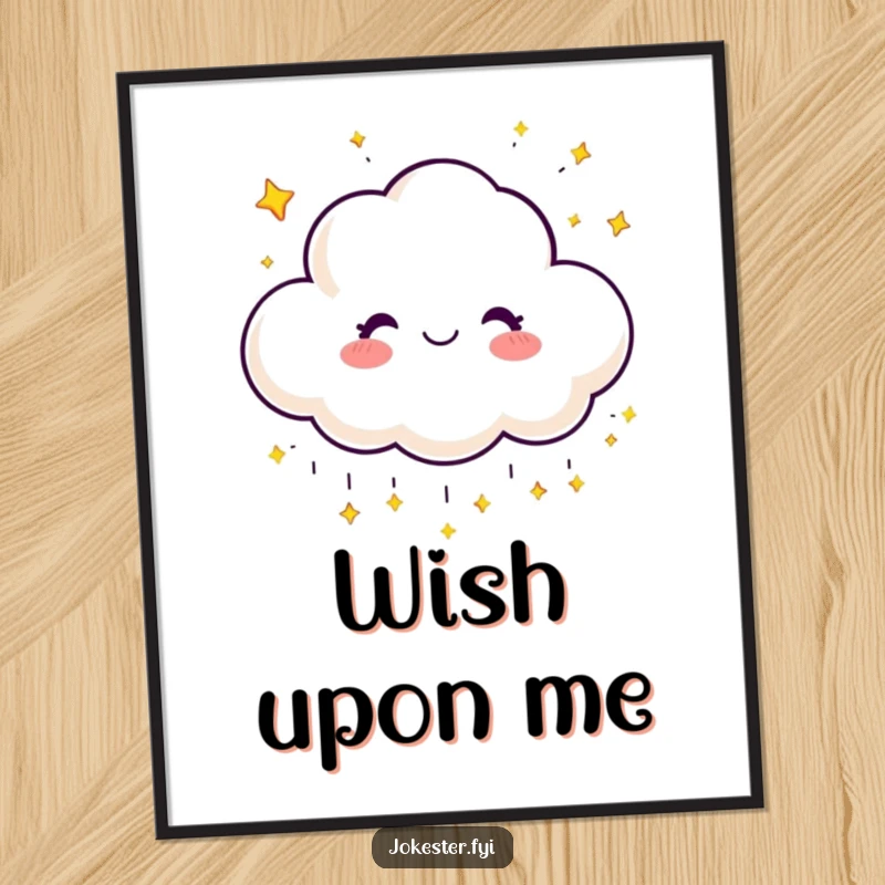 Funny poster of a happy cloud character grinning while showering tiny, sparkling stars.
