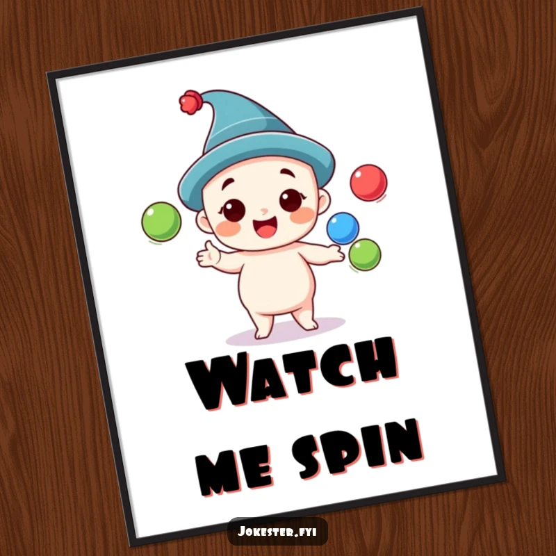 Funny juggling poster featuring a cheerful character wearing a ridiculous hat, skillfully juggling three bright balls with a gleeful expression.