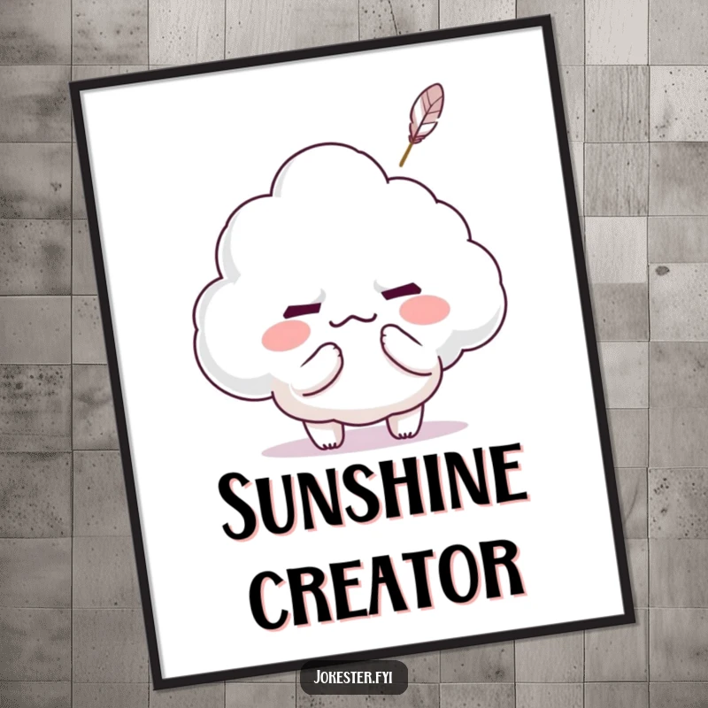 Funny Kawaii character tickling a grumpy cloud with a feather, transforming its expression to a smile, vibrant wall art.