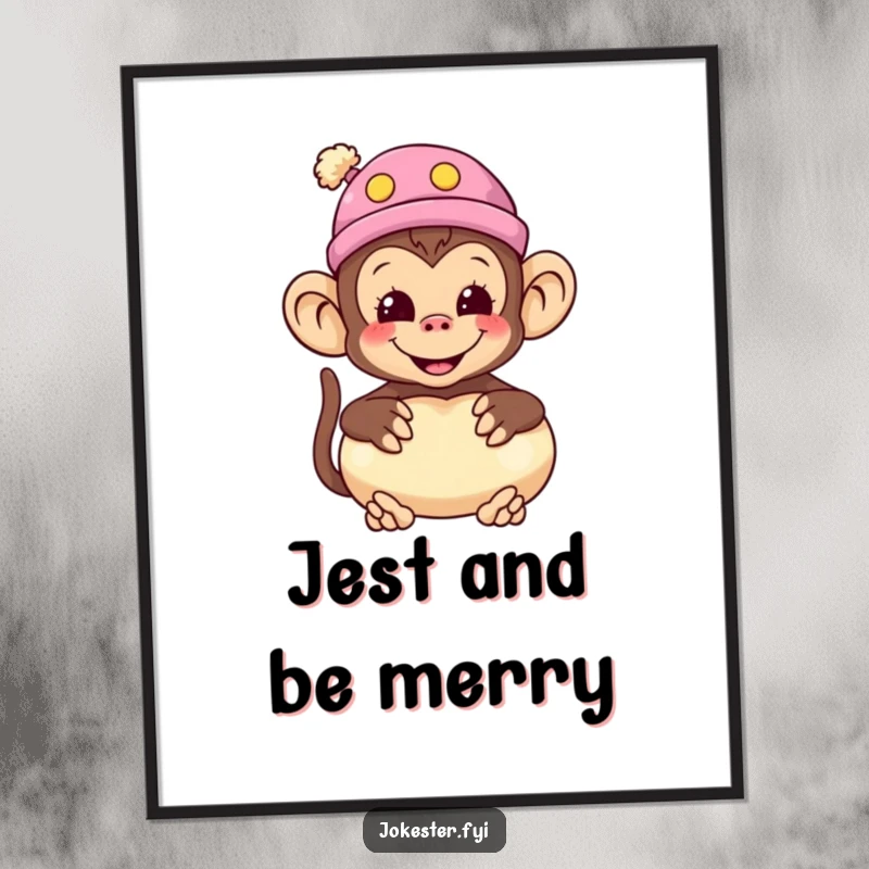 Funny monkey poster featuring a smiling monkey wearing a silly hat and holding a whoopee cushion, perfect for walls.