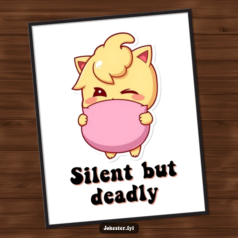 Funny whoopee cushion poster showing a sly character winking, holding a whoopee cushion, radiating playful mischief and comedic intent.