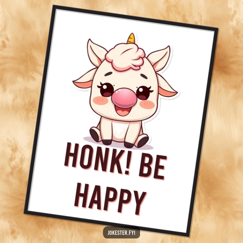 Funny Poster: A happy character wearing a clown nose honks a tiny horn with great enthusiasm, creating a humorous and joyful visual.