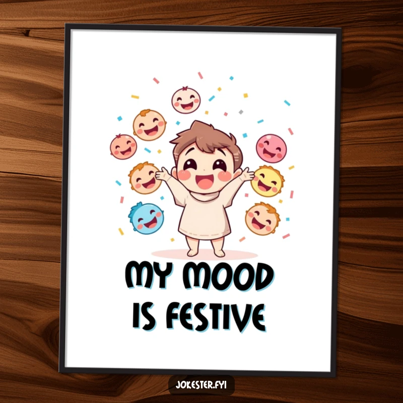 Funny poster featuring a happy character throwing confetti while juggling colorful smiling and laughing faces, perfect for walls.