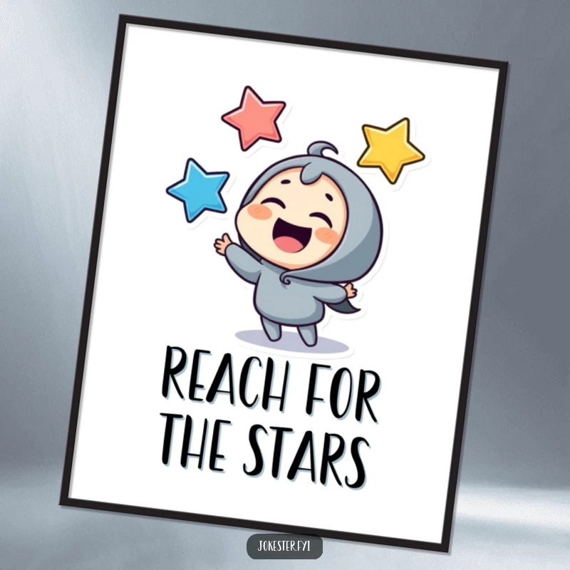 Funny juggling stars poster, a giggling character joyfully juggling three colorful stars with a delightful expression. Whimsical and humorous wall art.