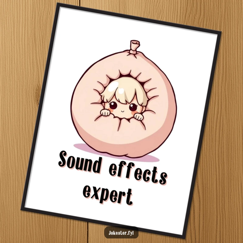 Funny curious character peeking from behind a giant whoopee cushion, playful wall art, prankster illustration, humorous decor, funny art gift.