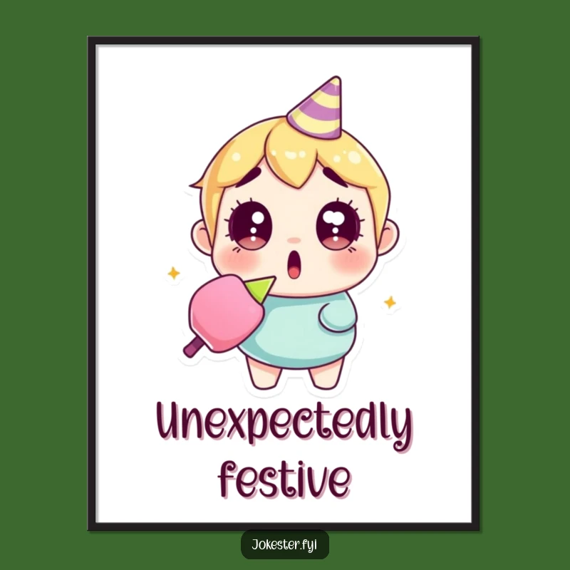 Funny Surprised Party Popper Poster: Wide-Eyed Character Art, Vibrant Funny Gift!