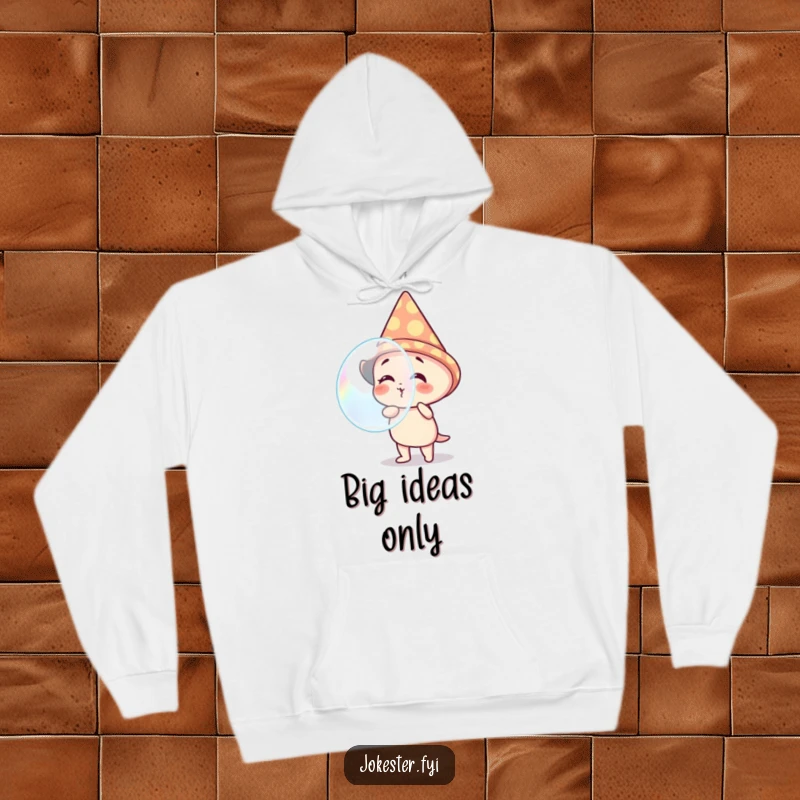 Funny hoodie with a delightful giggling character wearing a cone hat, blowing a massive, colorful bubble. A symbol of carefree fun.