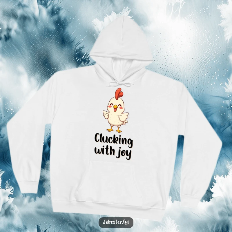 Funny hoodie showing a joyful character brandishing a rubber chicken, ready for a hilarious squawk. Cozy and full of mirth.