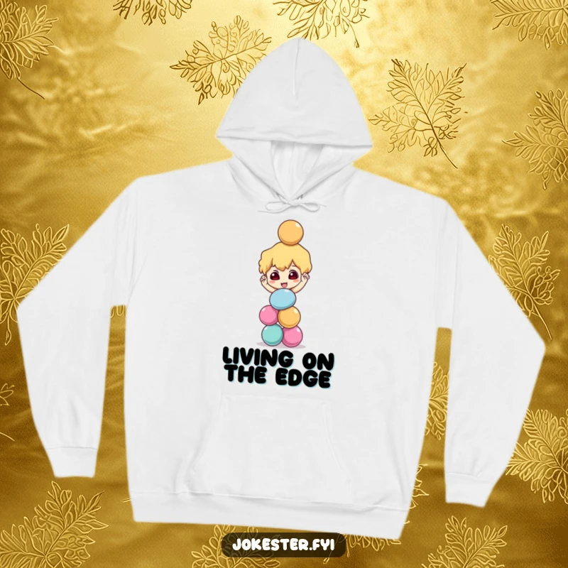 Funny mischievous character balancing a stack of colorful balls precariously, comfortable hoodie, juggling design, playful character art, funny gift.