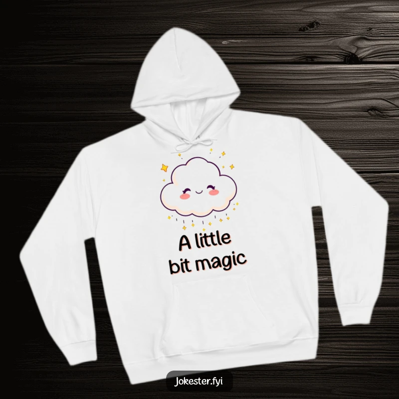 Funny hoodie showcasing a happy, grinning cloud character showering tiny, sparkling stars.