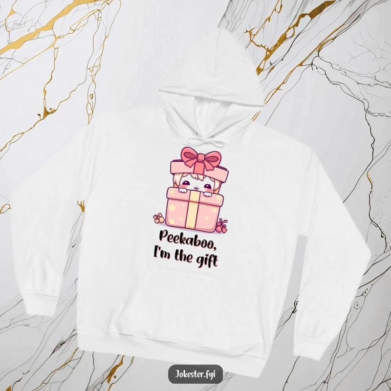 Funny Hoodie: A playful character humorously peeking out from a huge, festive present.