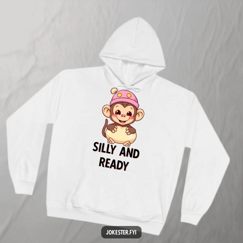 Funny monkey hoodie with a smiling monkey wearing a silly hat and holding a whoopee cushion, perfect for warmth.