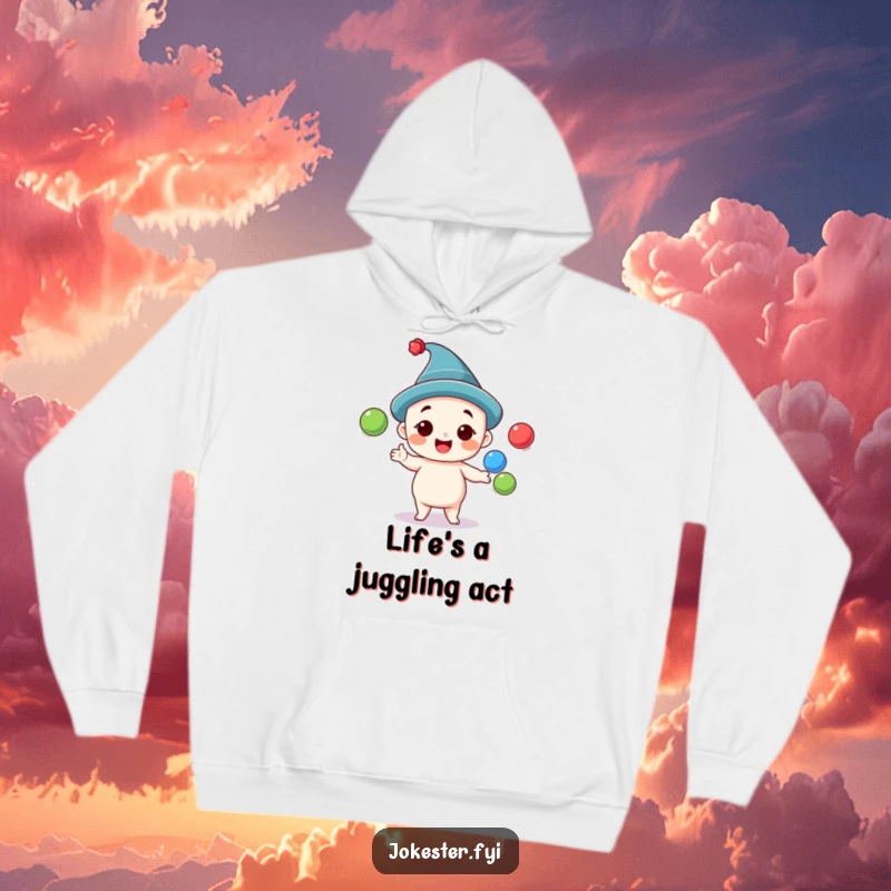 Funny juggling hoodie showing a cheerful character in a comical hat, adeptly juggling three vibrant balls, exuding fun and energy.