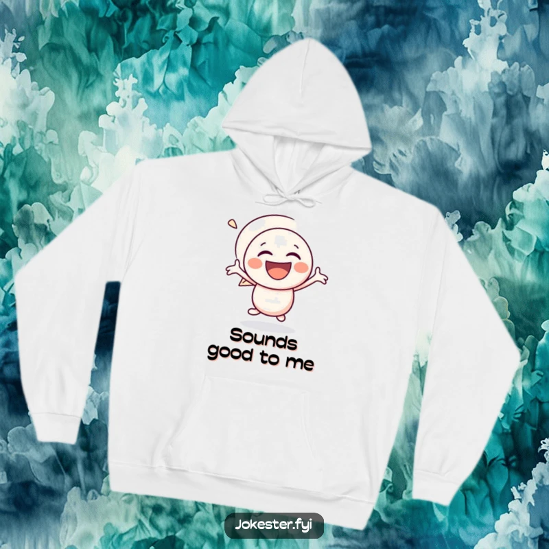 Funny speech bubble hoodie featuring a laughing character energetically bouncing with glee, offering warmth and comical delight.
