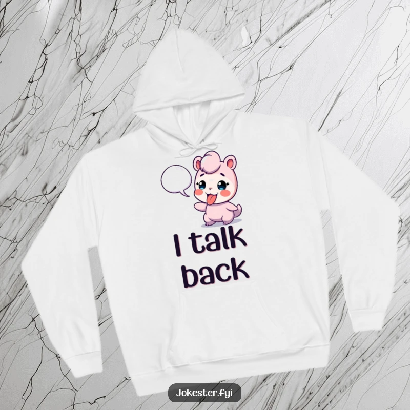 Funny hoodie showing a playful character sticking its tongue out at a floating speech bubble, embodying cheeky defiance.