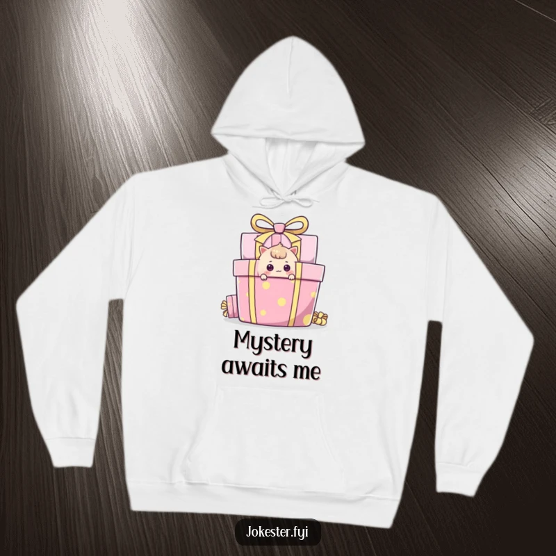 Funny Hoodie featuring a curious character peeking around a giant gift box, perfect for cozy mystery.