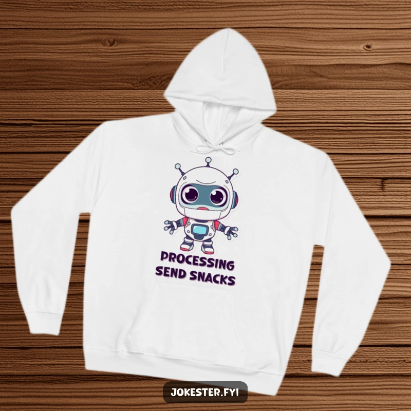 Funny robot hoodie, a surprised character with comically large googly eyes, looking around playfully, perfect for cozy humor.
