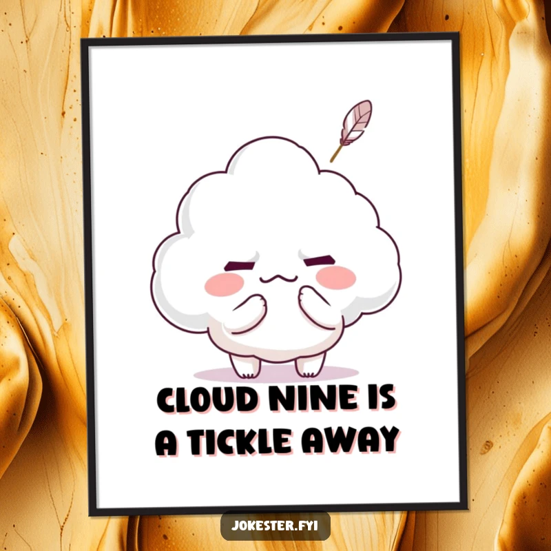 Funny Free Printable Wall Art: Mischievous Kawaii character tickling a grumpy cloud with a feather, eliciting a big smile.