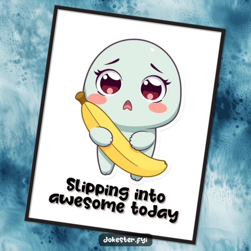 Funny Free Printable Wall Art: A surprised character with wide eyes holds a banana peel after slipping, creating a humorous and eye-catching design.