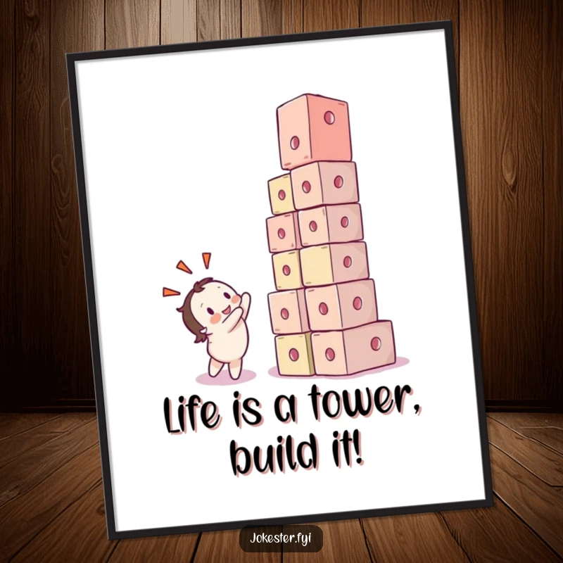 Funny Free Printable Wall Art: A character with a pleased expression watches as a tall tower of bright cubes hilariously falls apart.