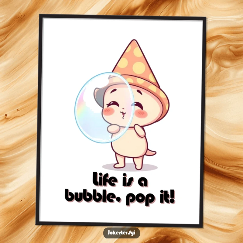 Funny Free Printable Wall Art: A delighted character in a party hat, caught in the act of blowing an enormous, translucent bubble.