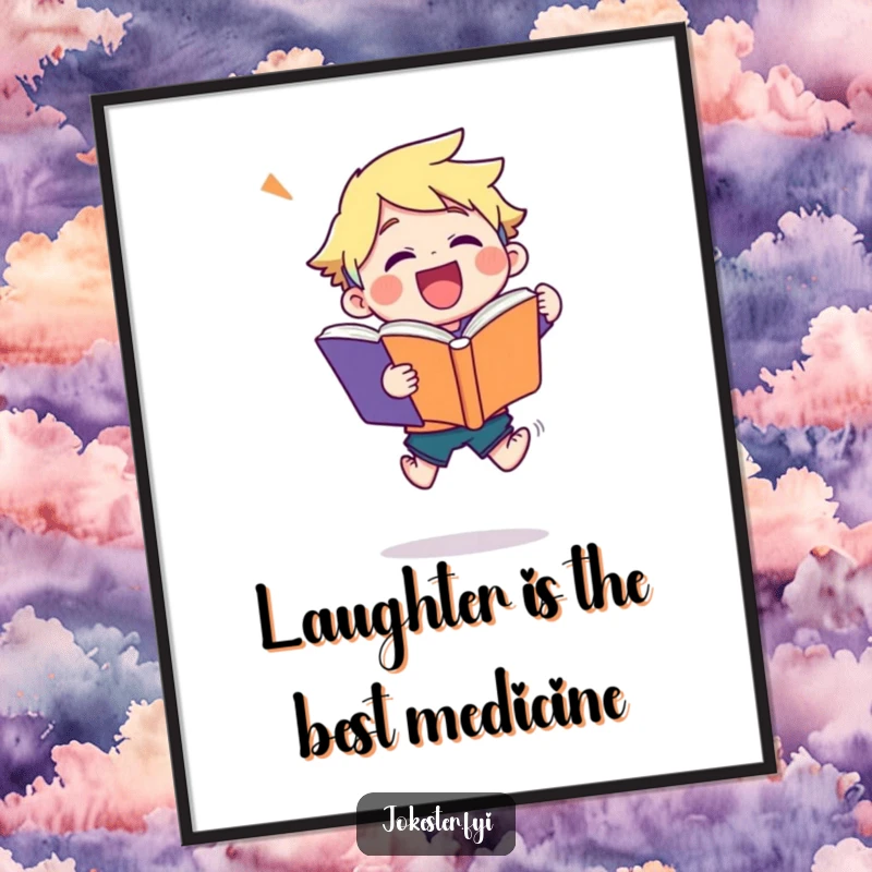 Funny Free Printable Wall Art depicting a delighted character mid-leap, holding a large, joke-filled book, full of energy.