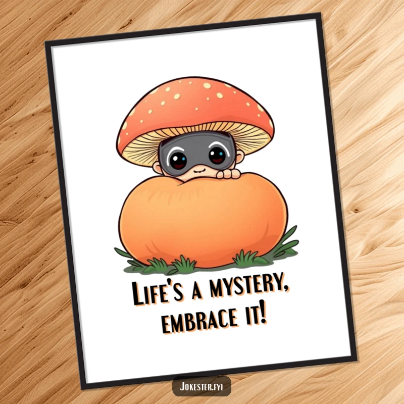 Funny Free Printable Wall Art: A masked character with wide eyes peeks from behind a fantastical, large, and colorful puffball mushroom.