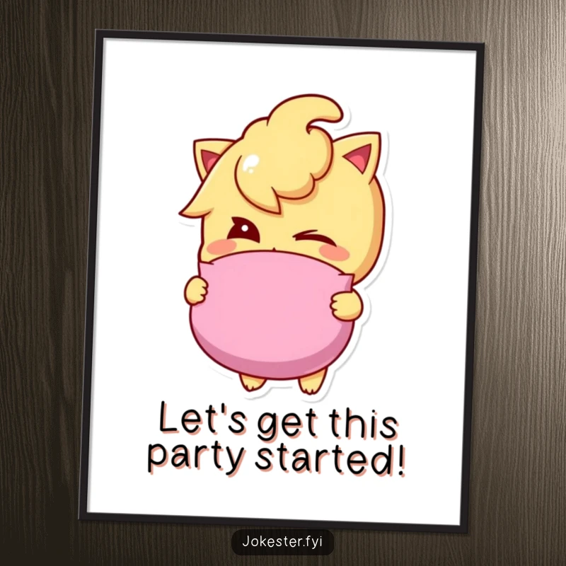 Funny Free Printable Wall Art of a mischievous character winking, holding a whoopee cushion, ready to prank.